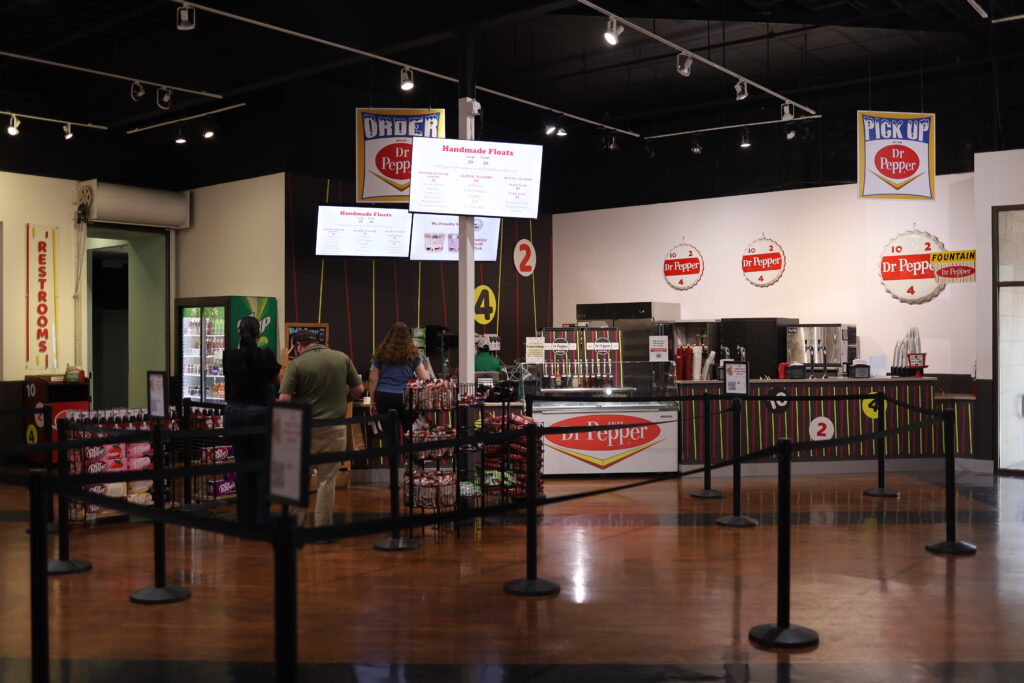 Interior of old fashioned-style soda fountain selling hand made sodas and ice cream. 